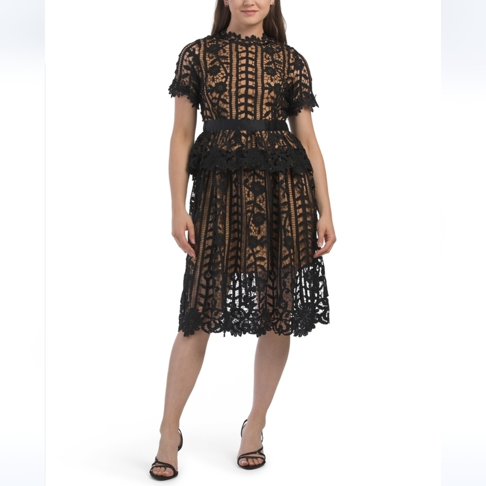 Dalia Macphee Black Embroidered Short Sleeve Midi Dress